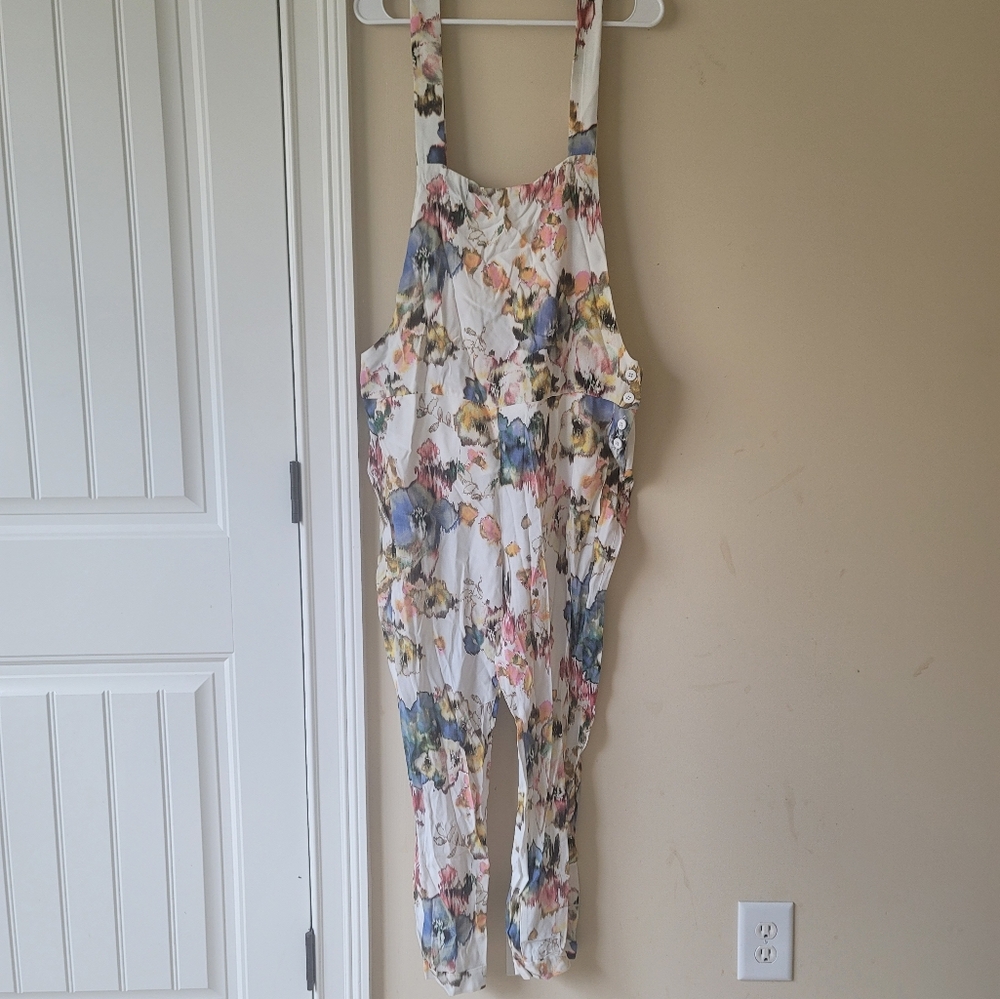 Zara Off White Pink Blue Flower Skinny Leg Trousers Jumpsuit Pant Overalls